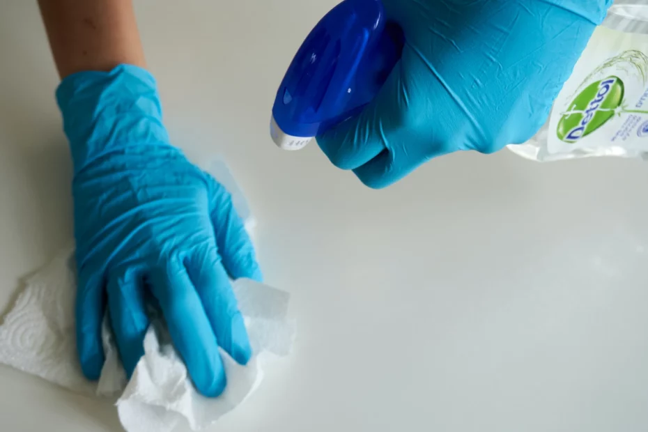 blå handskar som torkar av en bänk med rengöringsmedel och papper